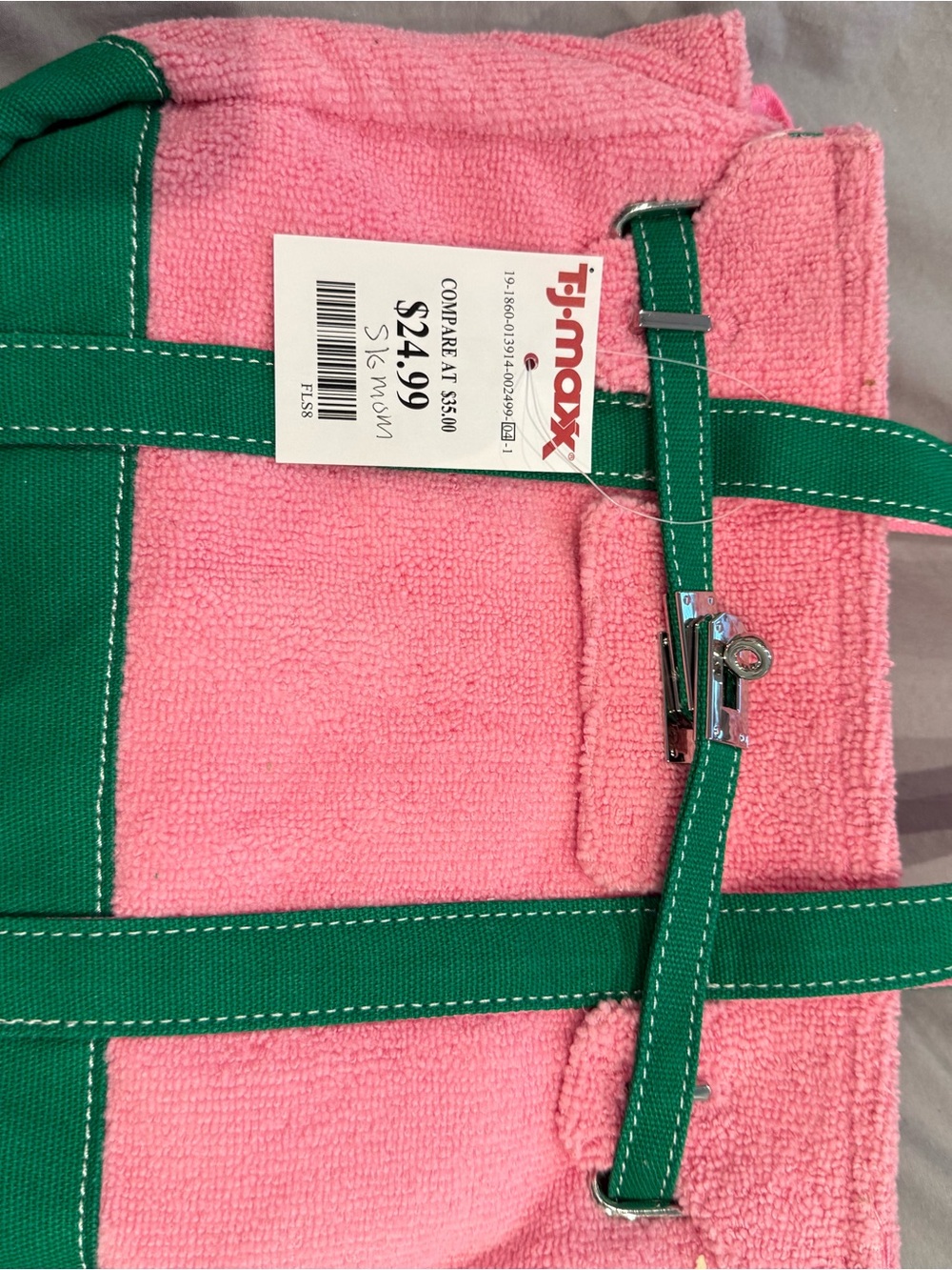 Women small terry tote - Pink with Green Trim -